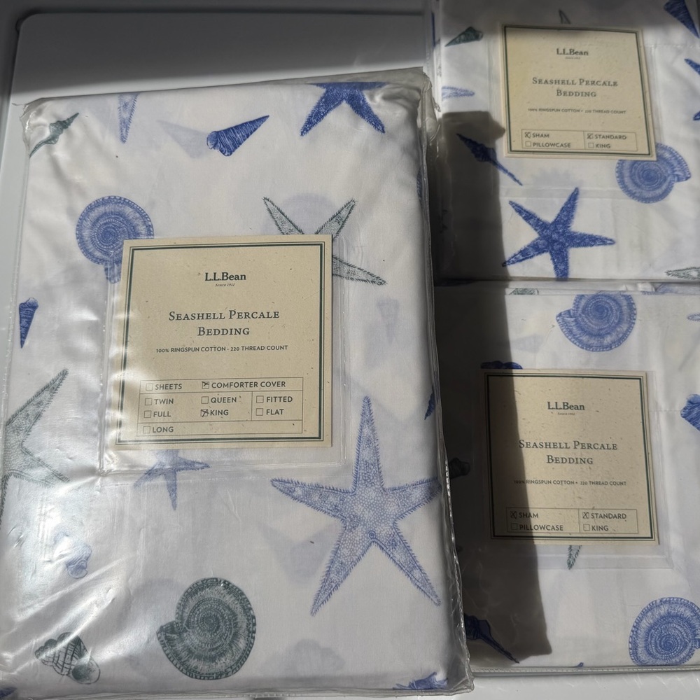 L.L. Bean Seashell Percale Bedding King Comforter Cover Blue and White Starfish